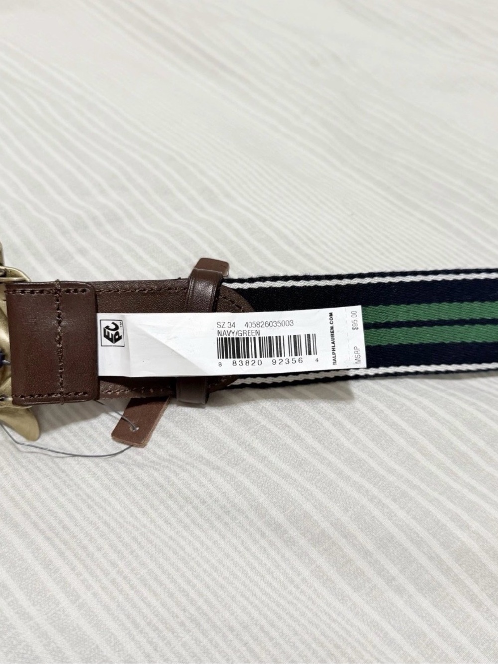 Polo Ralph Lauren Tiger Buckle Striped Canvas Leather Belt Green Navy Bear 34 - Picture 2 of 2